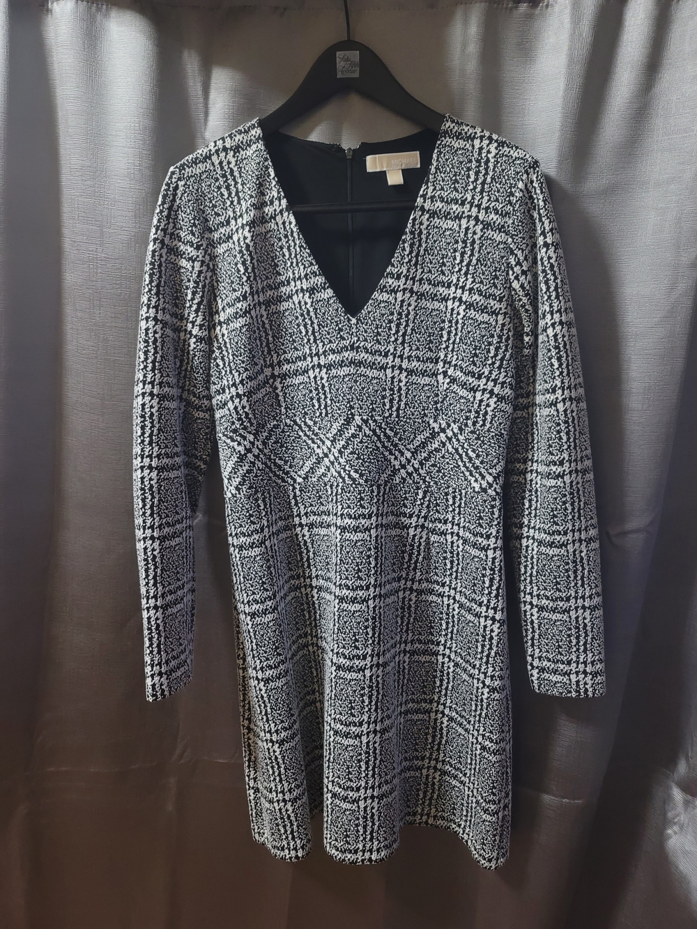 Michael Kors Black & White Plaid V-Neck Long Sleeve Dress